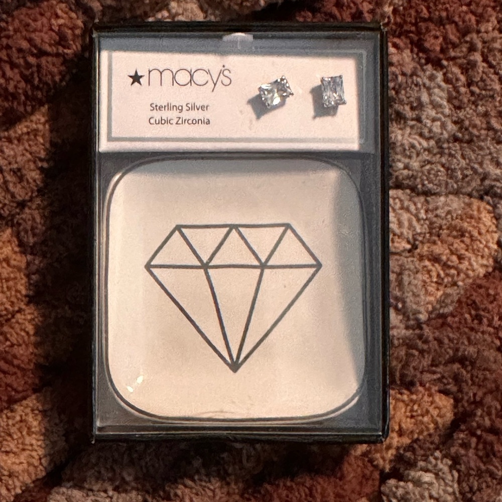 Macy's Sterling Silver Cubic Zirconia Stud earrings and ceramic trinket tray